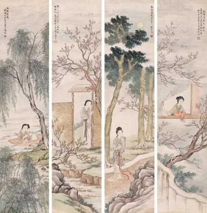 张城 辛酉（1921年）作 人物故事 四屏
